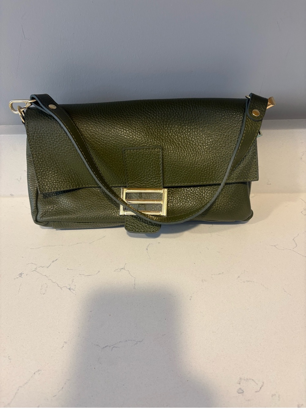 Olive Green Divina Firenze Leather Shoulder Bag with Gold Hardware